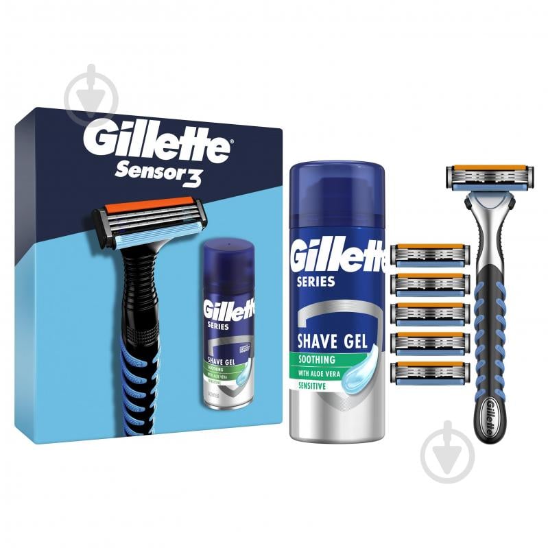 Подарунковий набір для чоловіків Gillette Бритва Sensor3 + 5 змінних картріджів + Гель для гоління Series 75 мл - фото 1