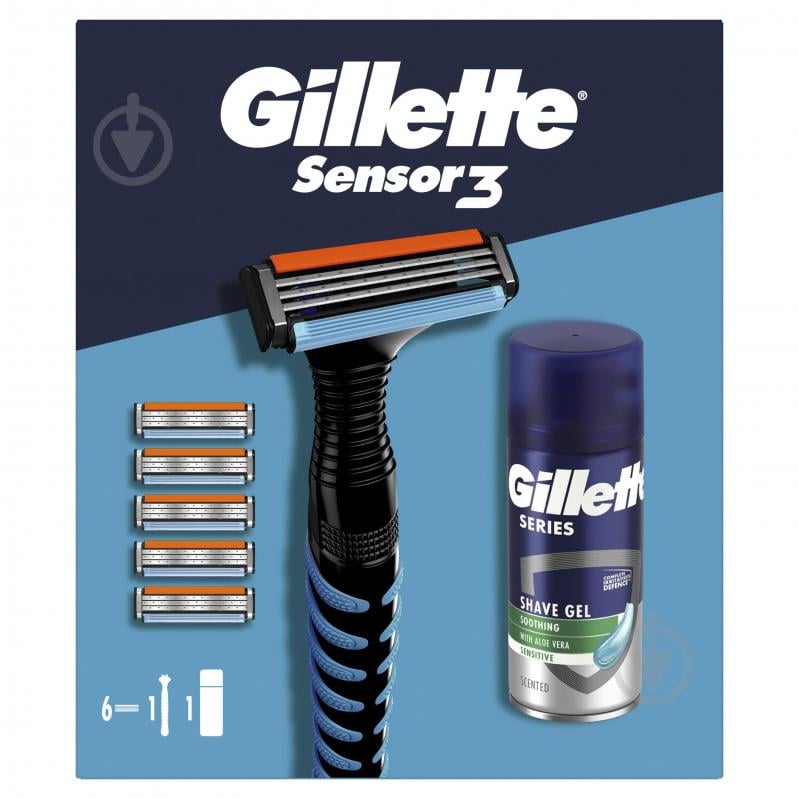 Подарунковий набір для чоловіків Gillette Бритва Sensor3 + 5 змінних картріджів + Гель для гоління Series 75 мл - фото 2