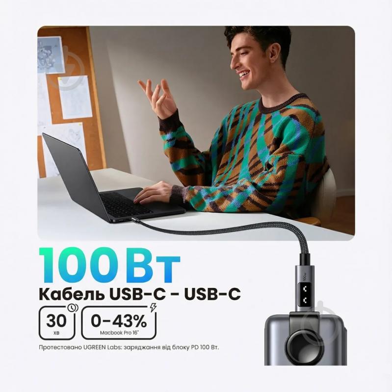 Кабель UGREEN L509 USB 2.0 Type-C M-M 100W 2 м черный (35512) - фото 3
