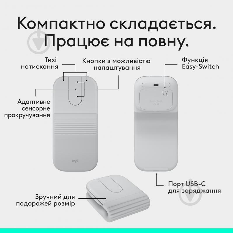 Мышка беспроводная Logitech Mobi Fold Wireless Mouse OFF White BT (910-007631) - фото 2 Мышка беспроводная Logitech Mobi Fold Wireless Mouse OFF White BT (910-007631) - фото 2