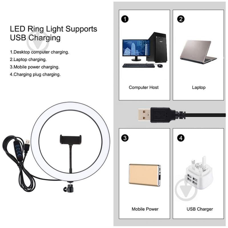 Кольцевой свет USB LED Puluz PKT3056B 11.8" + штатив 1.1 м - фото 3