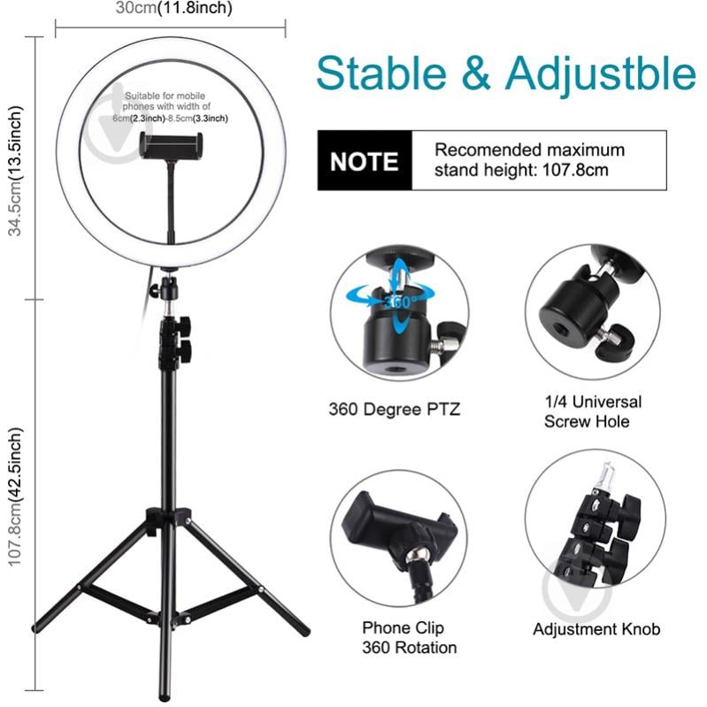 Кільцеве світло USB LED Puluz PKT3056B 11.8" + штатив 1.1 м - фото 2