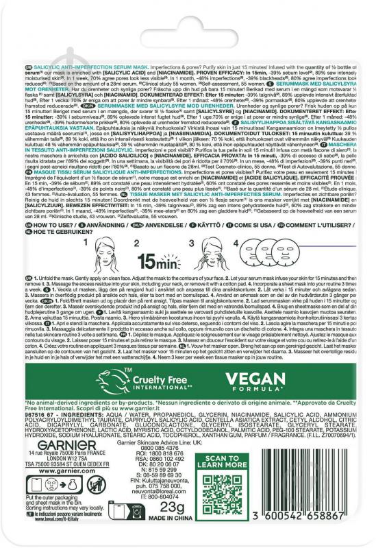 Маска тканинна для обличчя Garnier проти недосконалостей шкіри тканинна з саліциловою кислотою Pure active 23 г - фото 2