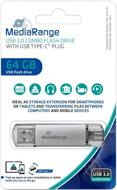 Флешпам'ять MediaRange Combo flash drive with plug 64 ГБ USB 3.0 USB Type-C silver (MR937) - фото 4