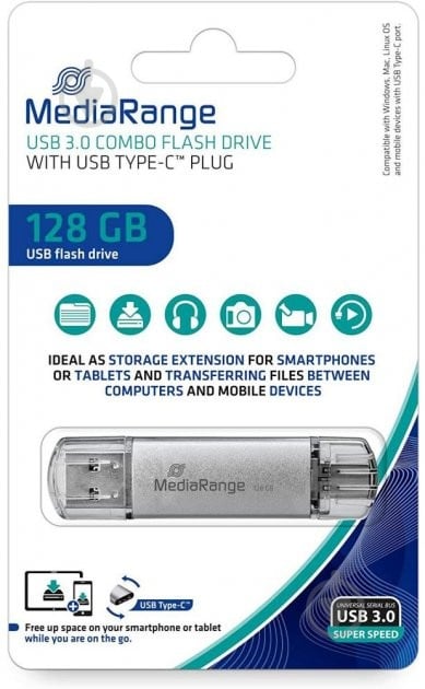 Флеш-память MediaRange Combo flash drive with plug 128 ГБ USB 3.0 USB Type-C silver (MR938) - фото 2