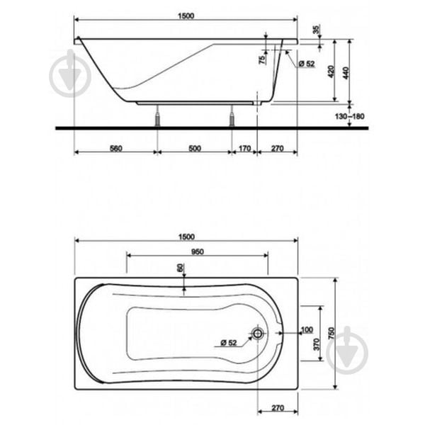 Ванна Kolo Comfort 150х750 см з сифоном Geberit 150.520.21.1 - фото 4