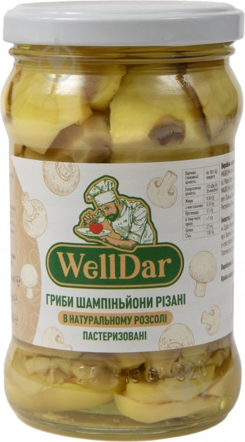 Гриби консервовані WellDar Шампіньйони різані в натуральному розсолі 315 мл - фото 1