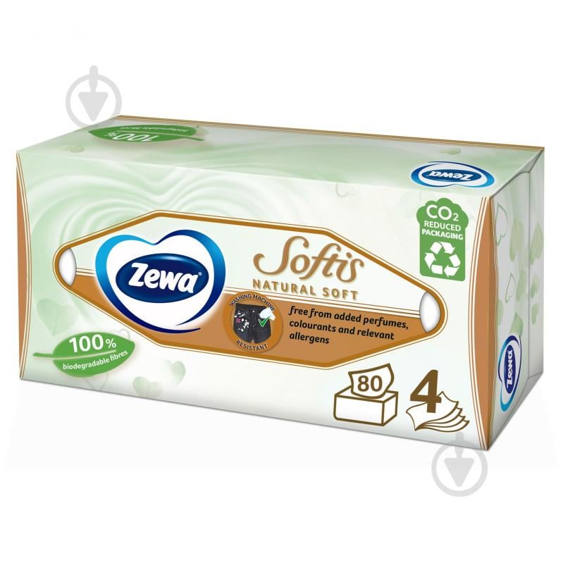 Салфетки бумажные в коробке Zewa Natural Soft косметические четырехслойные 80 шт. - фото 1