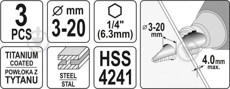 Набір свердел по металу YATO HEX-1/4" HSS 4241 3-20 мм 3 шт. YT-44731 - фото 4