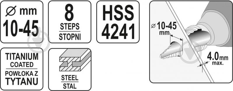 Сверло YATO HSS 4241 с титановым покрытием d10-45 мм 10-45 мм 1 шт. YT-44742 - фото 4