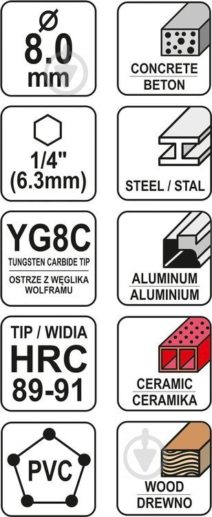 Сверло универсальное YATO YG6X 8 мм 1 шт. YT-44785 - фото 5