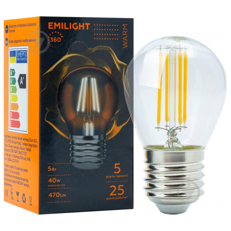 Лампа світлодіодна Emilight FIL CL G45 5 Вт E27 3000 К 220 В прозора LED Filament G45-5W-3000K-E27- - фото 1