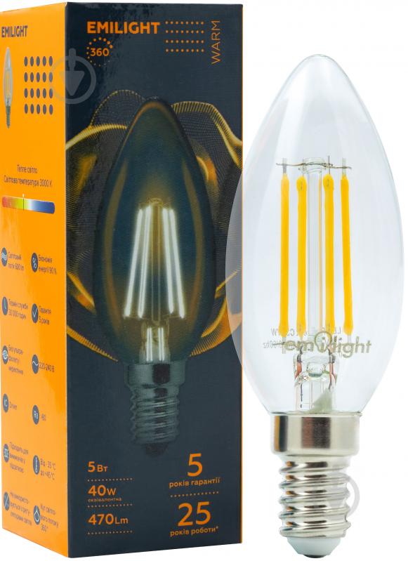 Лампа світлодіодна Emilight FIL CL C35 5 Вт E14 3000 К 220 В прозора LED Filament C35-5W-3000K-E14- - фото 1