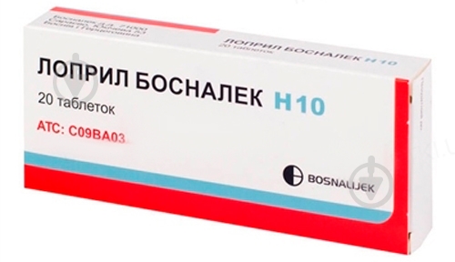 Лоприл Босналек Н 10 №20 (10х2) таблетки 10 мг/12,5 мг - фото 1 Лоприл Босналек Н 10 №20 (10х2) таблетки 10 мг/12,5 мг - фото 1