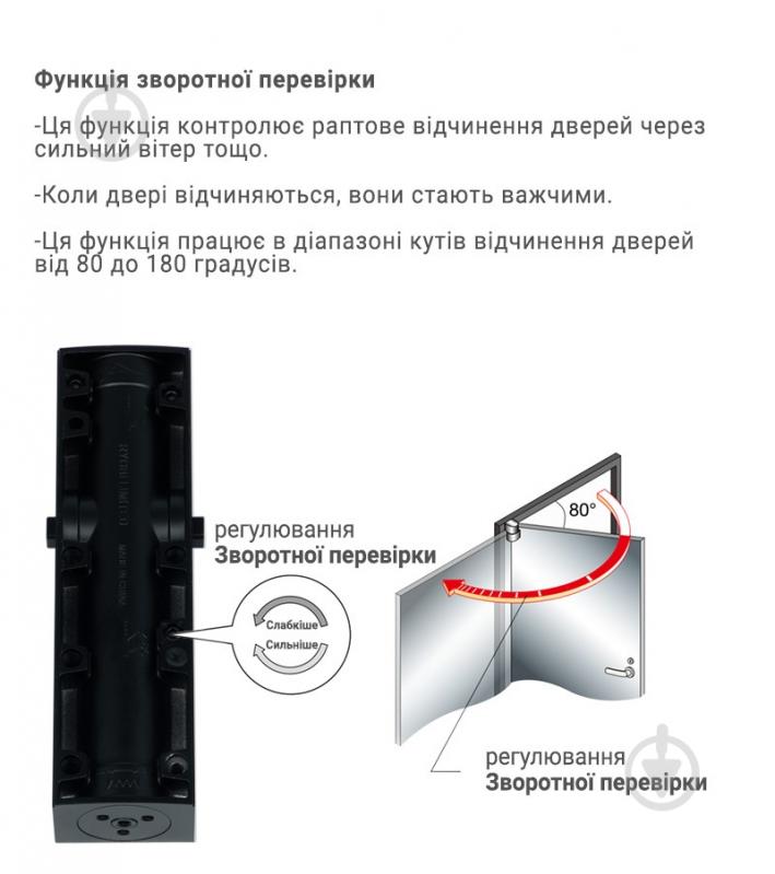 Доводчик дверний RYOBI D-2200T BLACK BC SLD_HO_ARM з фіксацією, з вітровим гальмом чорний 60 кг - фото 5