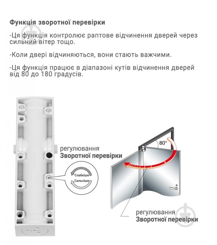 Доводчик дверной RYOBI D-2200T WHITE BC SLD_HO_ARM с фиксацией и ветровым тормозом белый 60 кг - фото 4