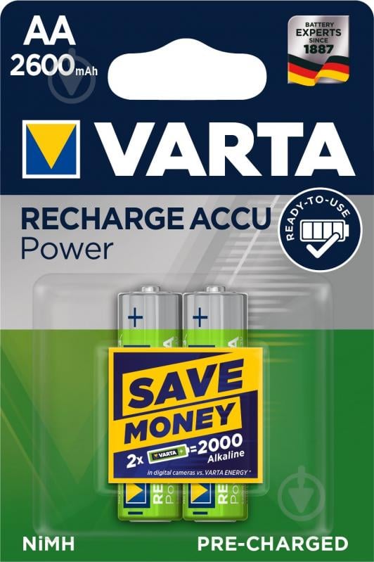 Аккумулятор Varta Rechargeable Accu 2600 mAh 2 Ni-MH (READY 2 USE) AA (пальчиковые) 2 шт. (05716101402) - фото 