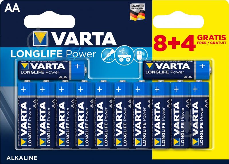 Батарейка Varta Longlife Power 12 (8+4) Alkaline AA (R6, 316) 12 шт. (04906121472) - фото 1