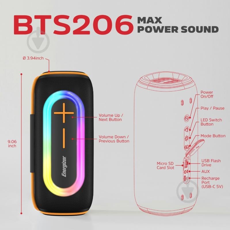 Портативная колонка Energizer 1.0 black (BTS206) - фото 8