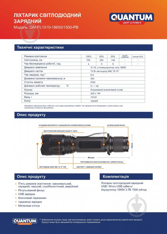 Светодиодный фонарик Quantum QM-FL1010-18650/1500-PB 10W LED с zoom-фокусом серия Техно черный - фото 4