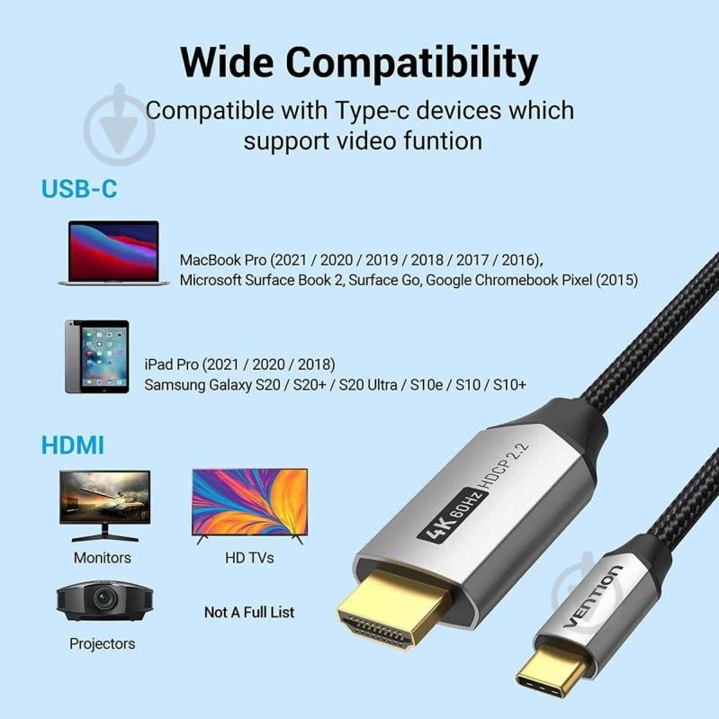 Кабель Vention USB 3.1 Type-C M to HDMI M 2 м черный (CRBBH) - фото 6
