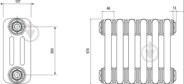 Радіатор Multicolumn H=570 3/10 секцій конф.0 (бокове 1/2G) RAL9016 - фото 2