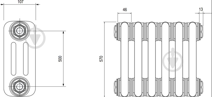 Радіатор Multicolumn H=570 3/12 секцій конф.0 (бокове 1/2G) RAL9016 - фото 2