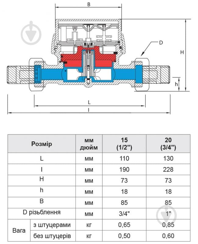 Лічильник гарячої води B-Meters зі штуцерами GSD8-I ½ R100 L=110 мм - фото 4