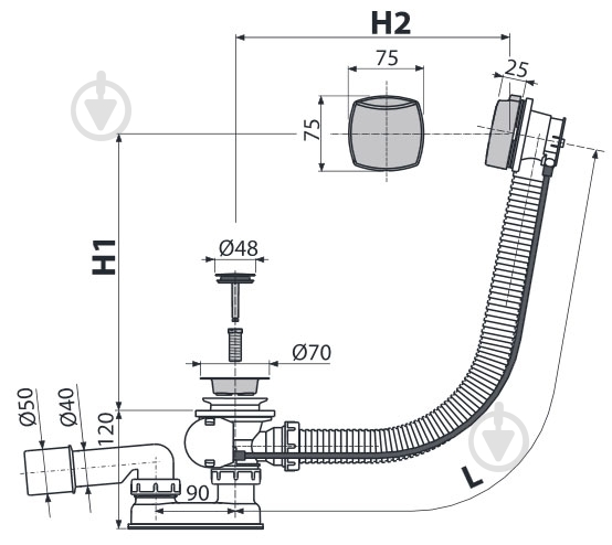 Сифон для ванны Alca Plast автомат комплект хромированный (пробка d48хd70) A51CR - фото 6