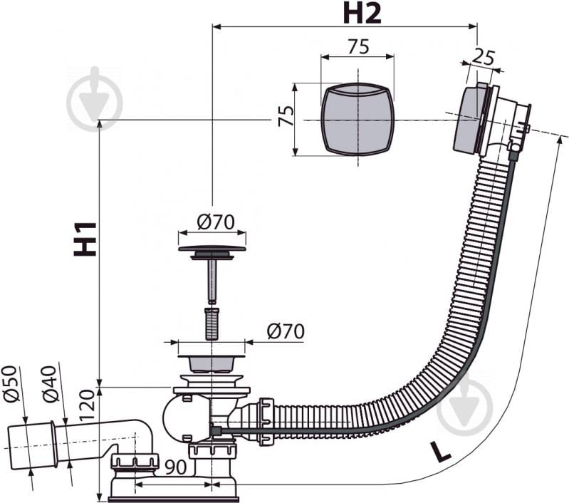Сифон для ванны Alca Plast автомат комплект хромированный (пробка d70хd70) A51CRM - фото 2