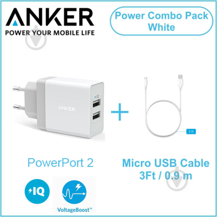 Сетевое зарядное устройство Anker PowerPort2 24W + microUSB V3 White (B2021L21) - фото 3