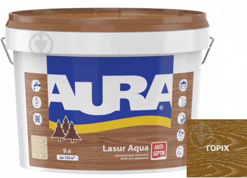 Деревозащитное средство Aura® Lasur Aqua орех шелковистый мат 9 л - фото 1