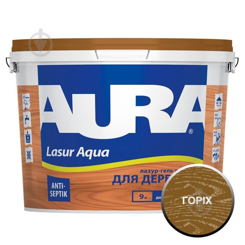 Деревозащитное средство Aura® Lasur Aqua орех шелковистый мат 9 л - фото 1
