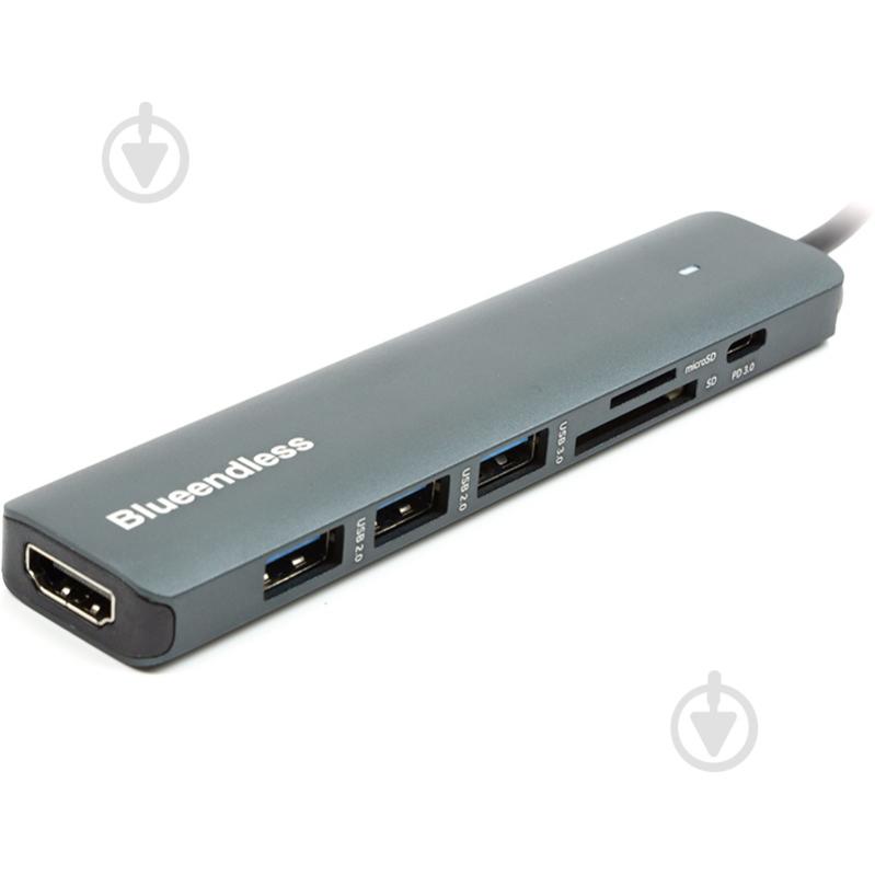 USB-хаб PowerPlant USB-хаб Blueendless USB Type-C - HDMI 3xUSB Type-A SD TF USB Type-C PD100W 0,1 м серый (CA913848) - фото 1