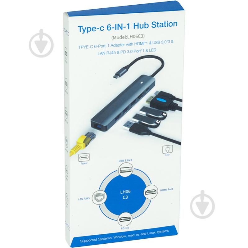 USB-хаб PowerPlant USB-хаб Blueendless USB Type-C - HDMI LAN 3xUSB 3.0 Type-A USB Type-C PD100W 0,1 м сірий (CA913909) - фото 4