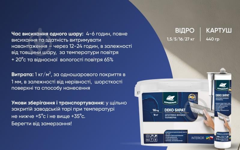 Шпаклівка КОРАБЕЛЬНА DEKO SHPAT фінішна полімерна 16 кг - фото 7