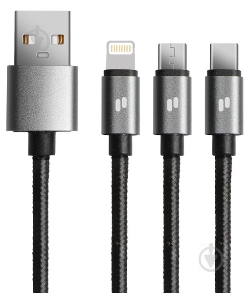 Кабель PURIDEA L10 - 3in1 (Lightning,Type-C,microUSB) 1,5 м чорний (L10-Black) - фото 1