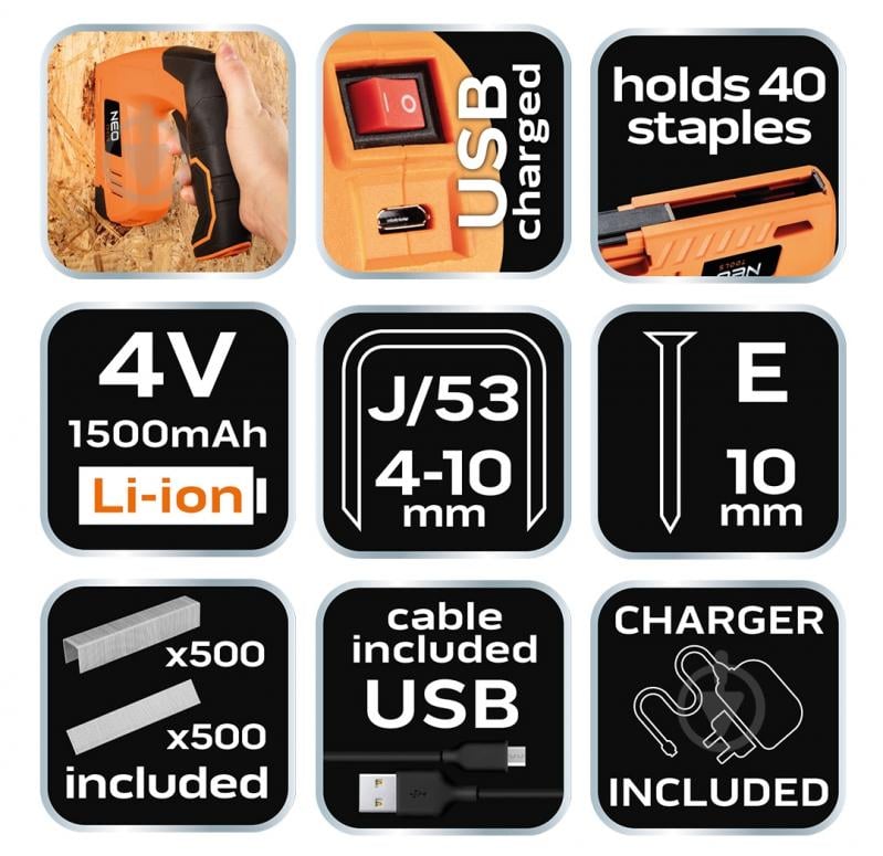 Степлер аккумуляторный Topex 4V от USB 16-050 - фото 8
