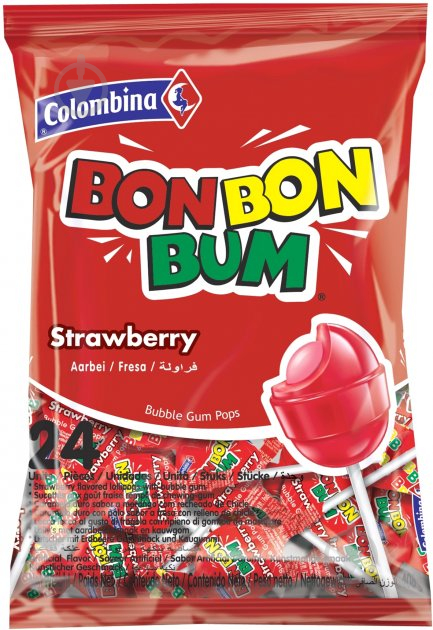 Льодяники BON BON BUM Strawberry Полуниця з жувальною гумкою на паличці 408 г - фото 1