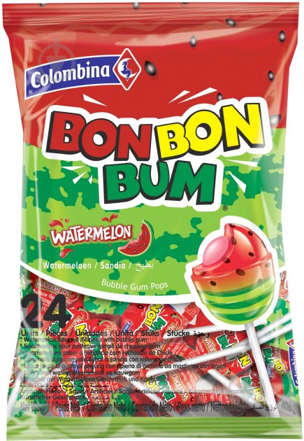 Льодяники BON BON BUM Watermelon Кавун з жувальною гумкою на паличці 408 г - фото 1