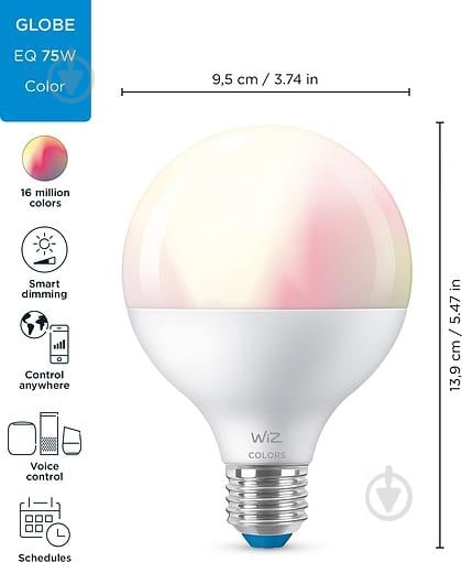 Умная лампа WIZ Smart RGB Wi-Fi 11 Вт G95 матовая E27 220 В 2200-6500 К 929002383902 - фото 4