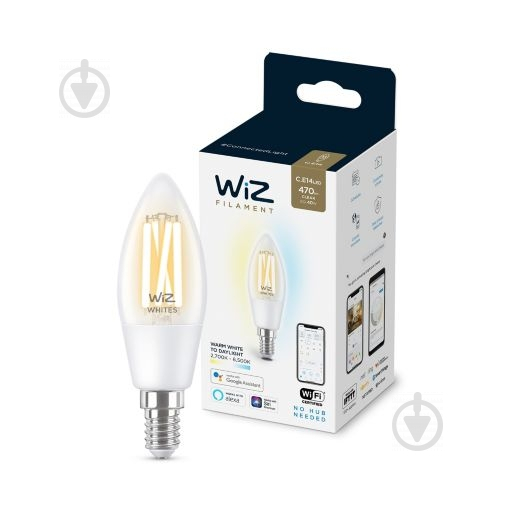 Розумна лампа WIZ Smart FIL Wi-Fi 4,9 Вт C37 прозора E27 220 В 2700-6500 К 929003017601 - фото 1