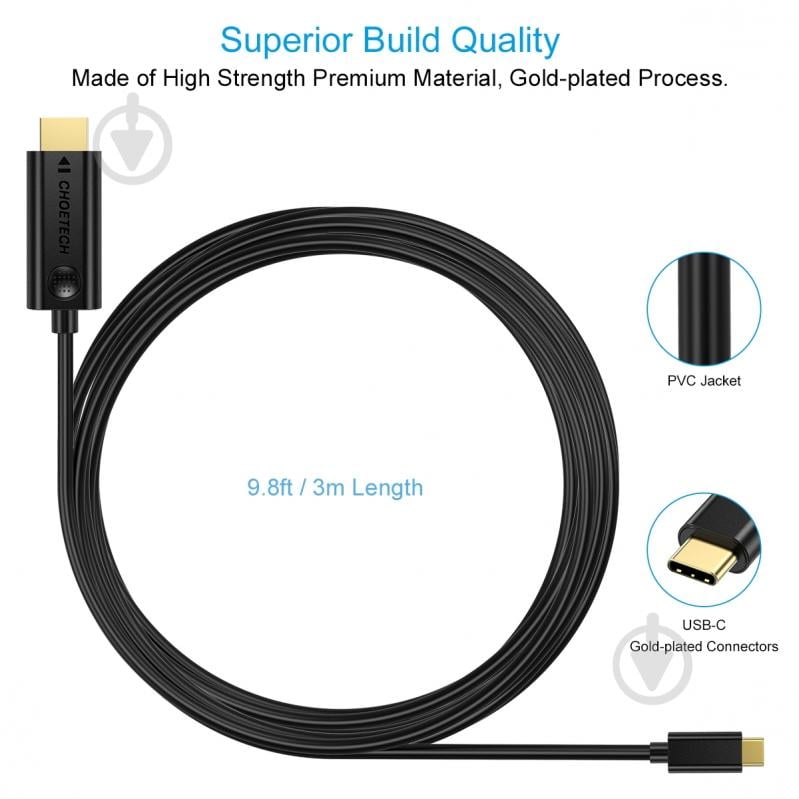 Кабель Choetech USB-C на HDMI 4K@30Гц 3 м чорний (XCH-0030BK) - фото 3