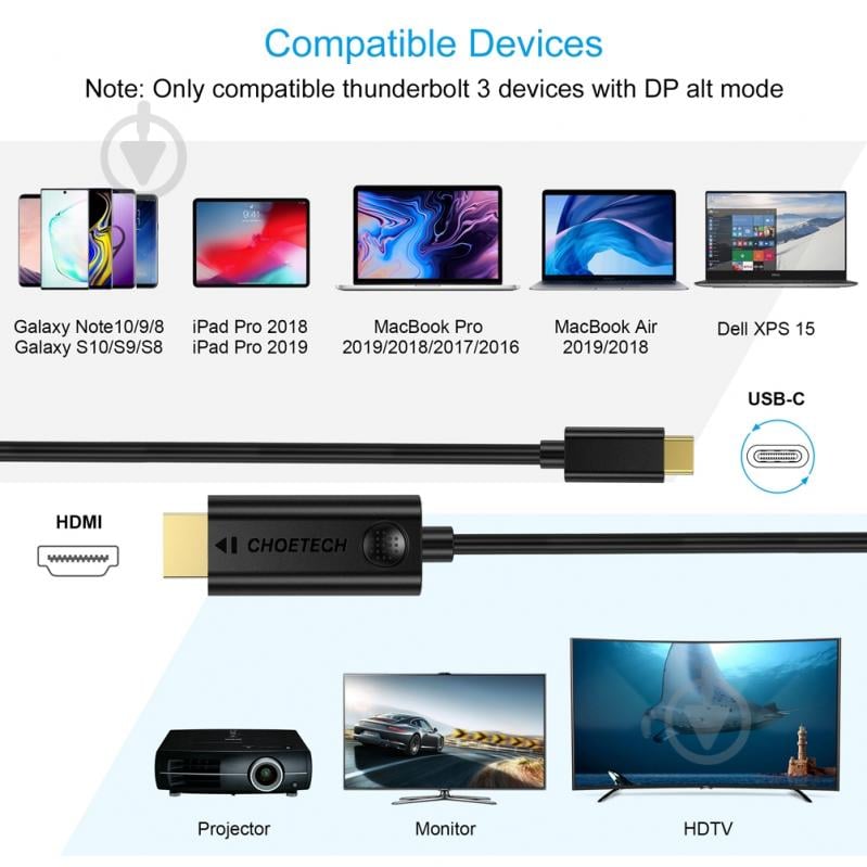 Кабель Choetech USB-C на HDMI 4K@30Гц 3 м чорний (XCH-0030BK) - фото 4