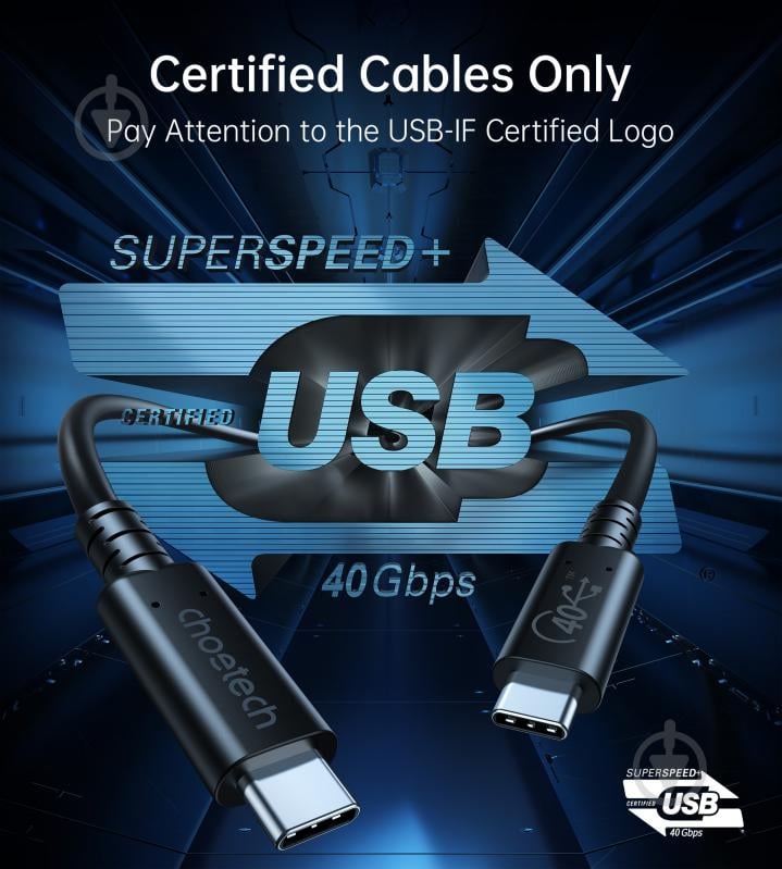 Кабель Choetech XCC-1028-BK, USB4 (40Gbps) Power Delivery 100 Вт, 8K@60Hz 0,8 м black (XCC-1028-BK) - фото 3
