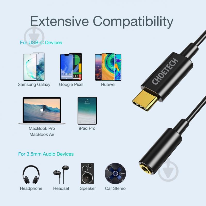 Адаптер для наушников Choetech Type-C - стерео-аудио 3.5 мм черный (AUX003-BK) - фото 5