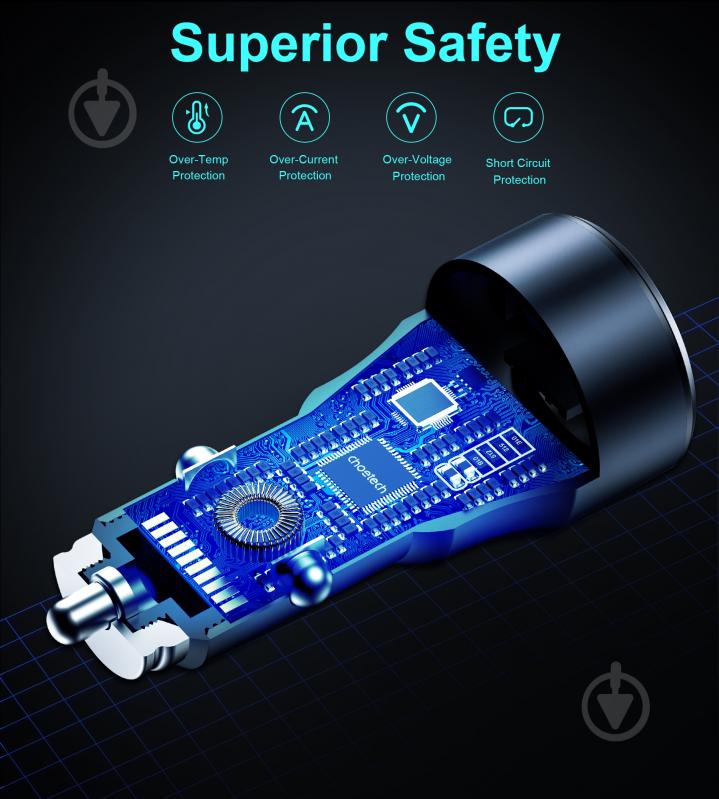 Автомобильное зарядное устройство Choetech TC0010-BK USB-A/USB-C, 63Вт QC3.0/PD/PPS - фото 4 Автомобильное зарядное устройство Choetech TC0010-BK USB-A/USB-C, 63Вт QC3.0/PD/PPS - фото 4
