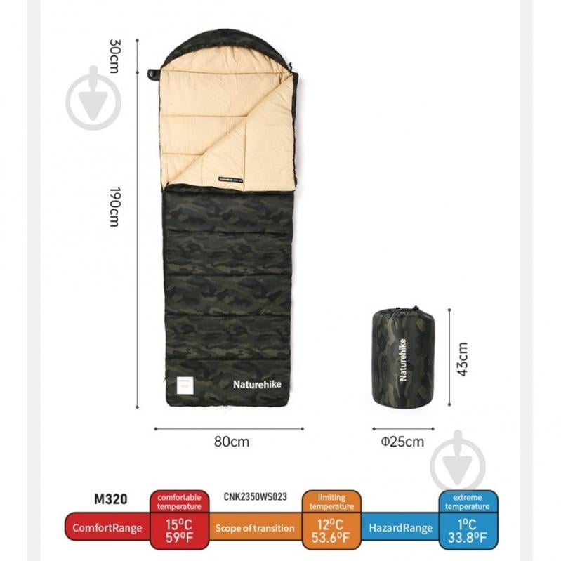 Спальний мішок Naturehike M320 CNK2350WS023, зелений камуфляж, правий (+1°C/+15°C) - фото 3 Спальний мішок Naturehike M320 CNK2350WS023, зелений камуфляж, правий (+1°C/+15°C) - фото 3