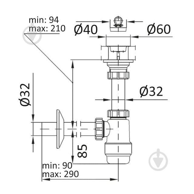 Сифон для умивальника Imprese SWD290180032 випуск 32 мм колбовий - фото 2