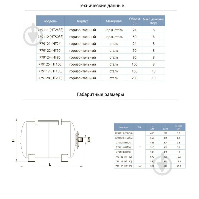 Гидроаккумулятор Aquatica горизонтальный 200л (779128) - фото 2